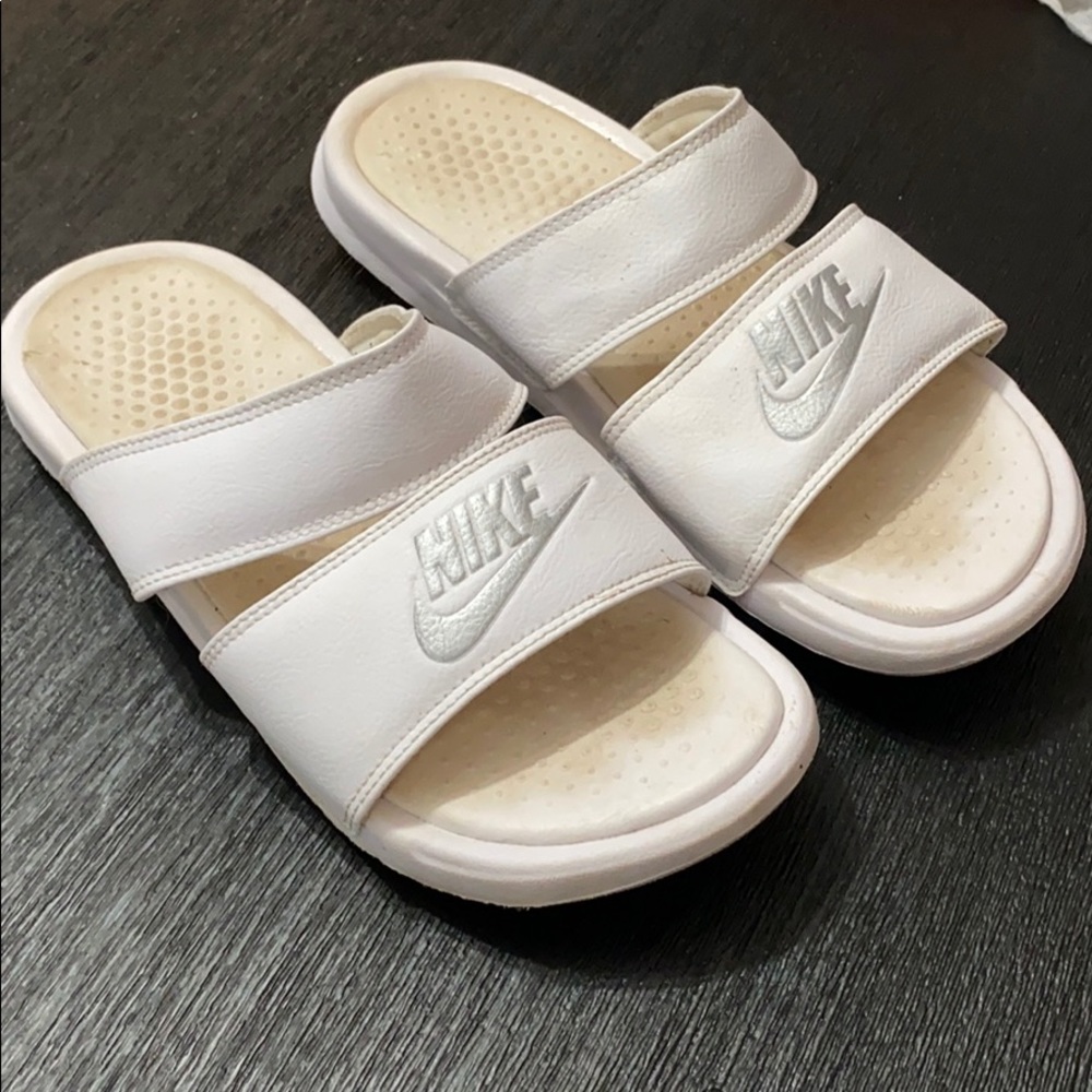White Nike slides